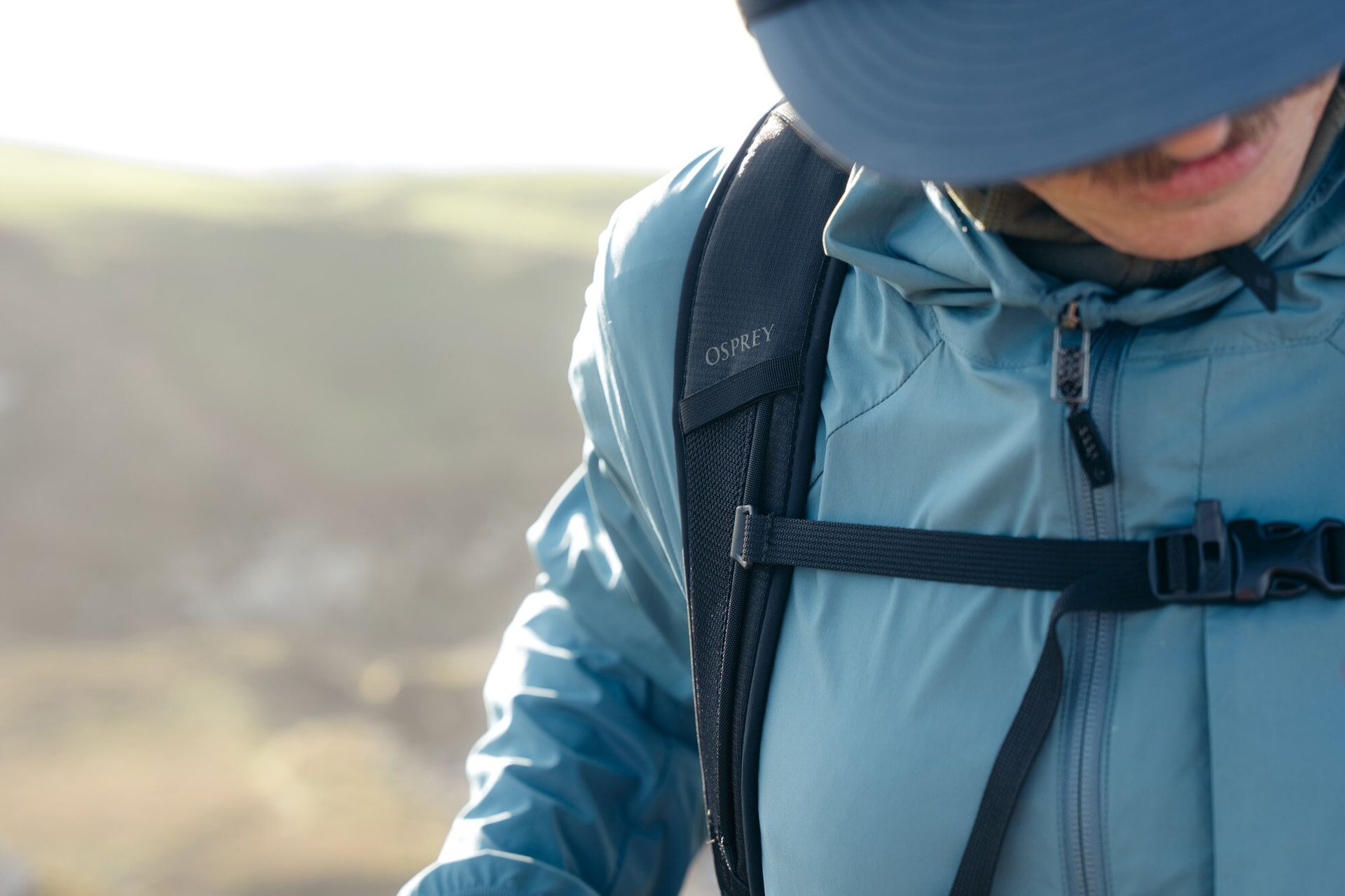 Close-up of backpack straps on Osprey Talon 22 hiking daypack