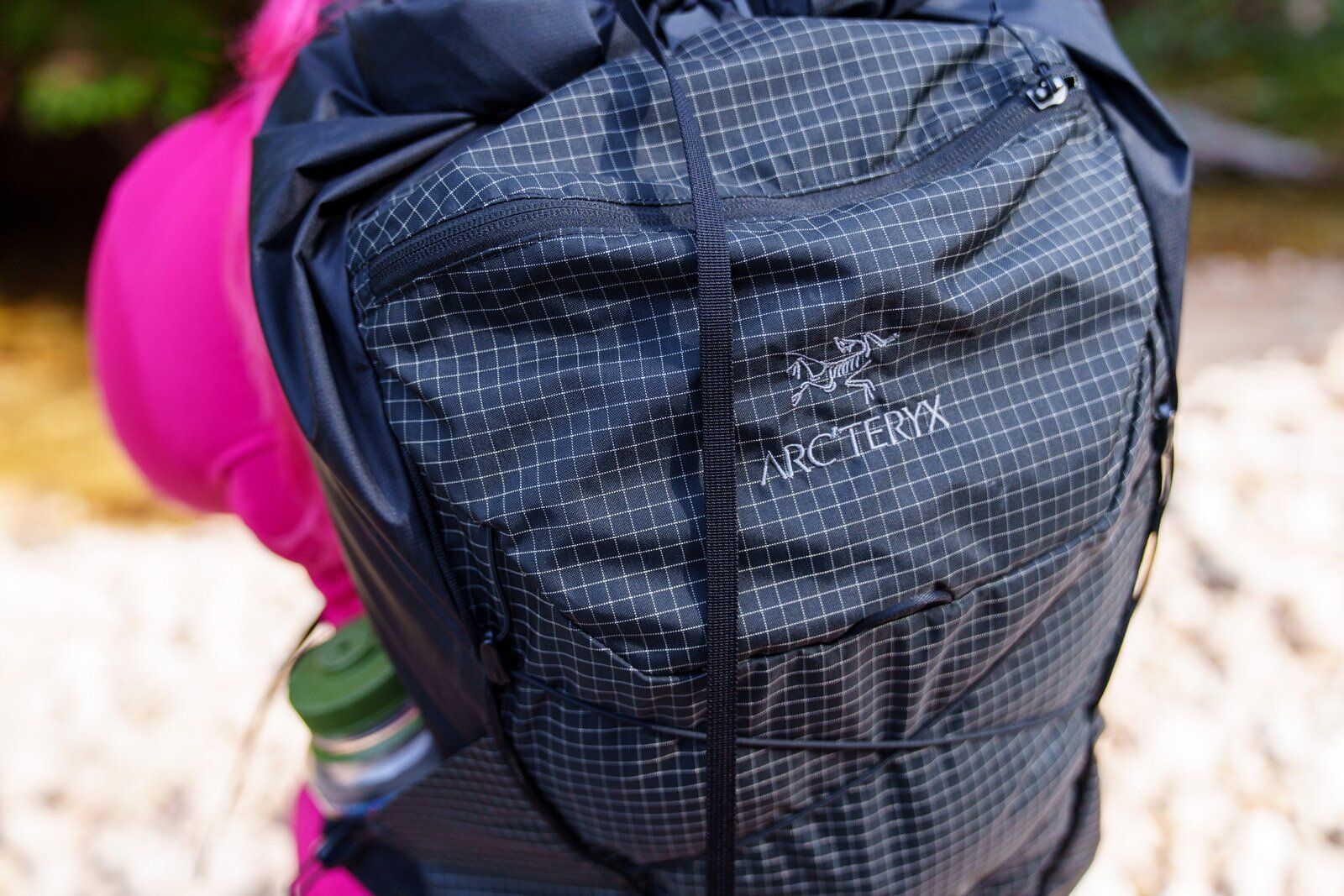Close-up of front of Arc'teryx Aerios 35 hiking daypack