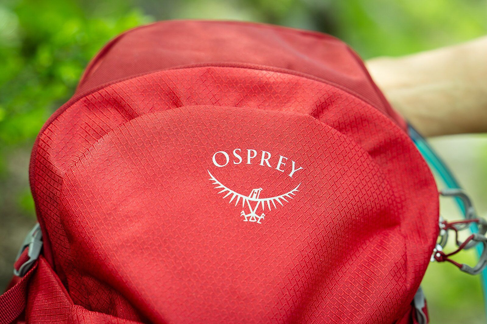 Close-up of Osprey logo on Osprey Daylite Plus hiking daypack
