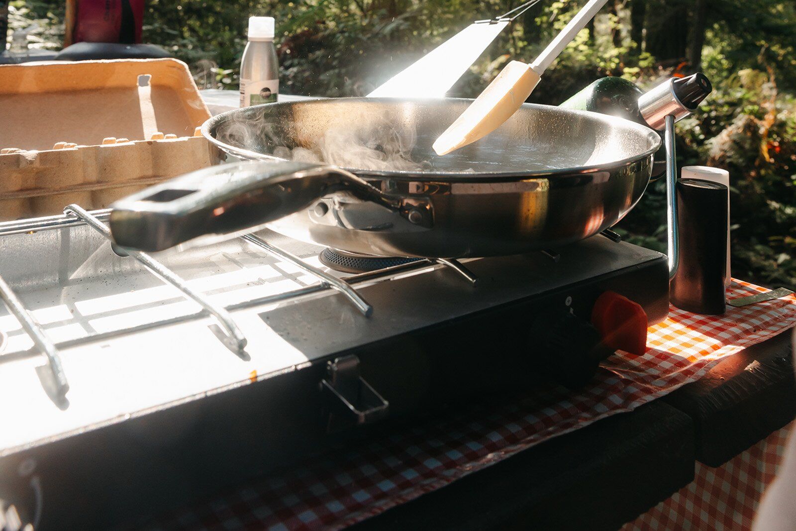 Close-up of pan on the Coleman Cascade Classic camping stove