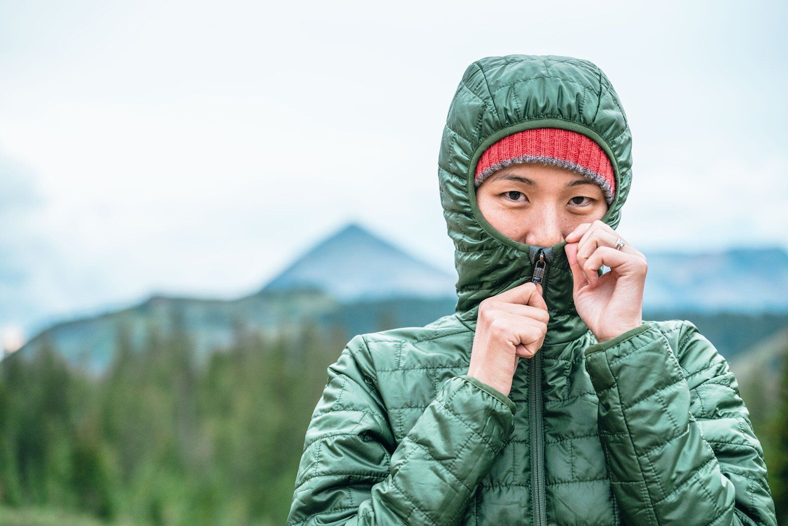 Close-up of Patagonia Nano Puff Hoody synthetic insulated jacket zipped up