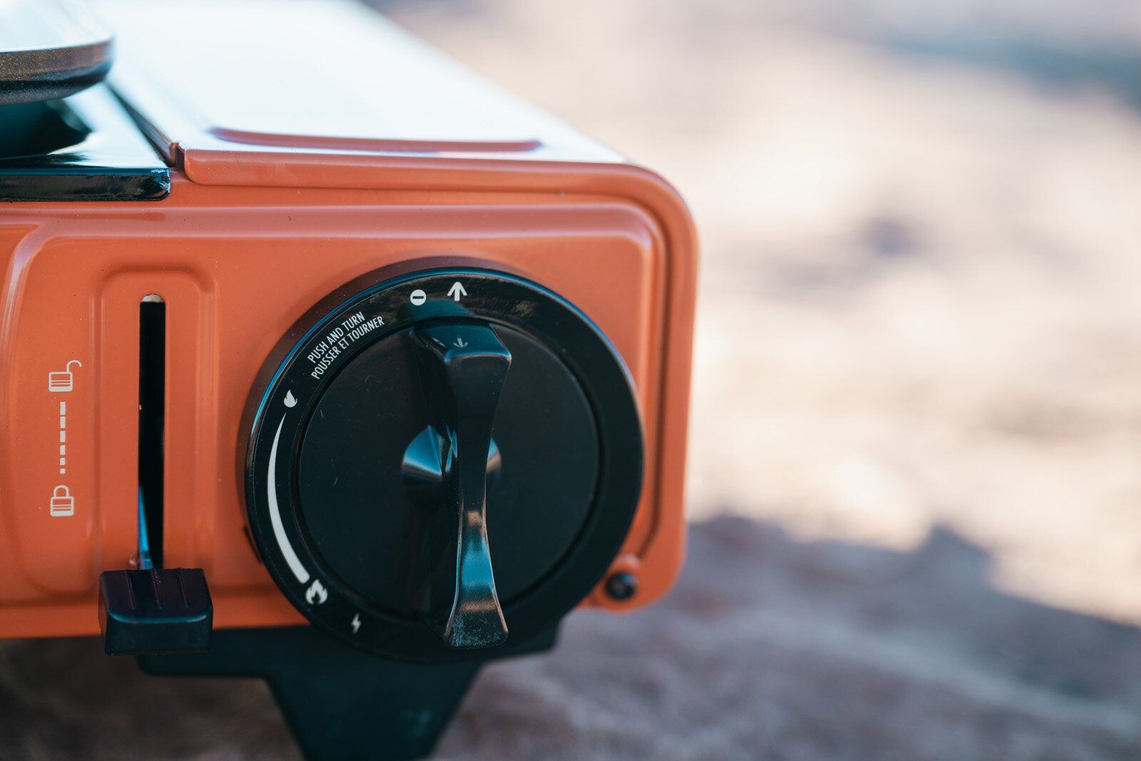 Close-up of the burner knob on the Eureka SPRK camping stove