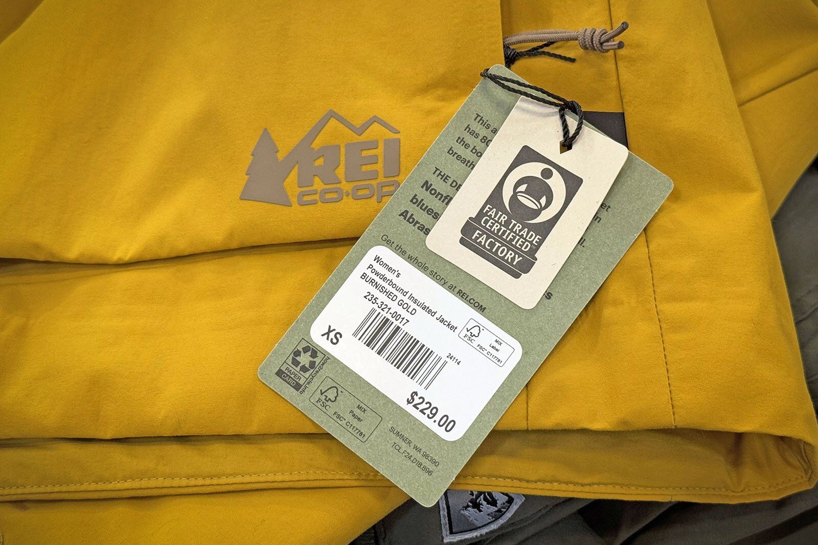 Fair Trade Certified label on REI Co-op jacket