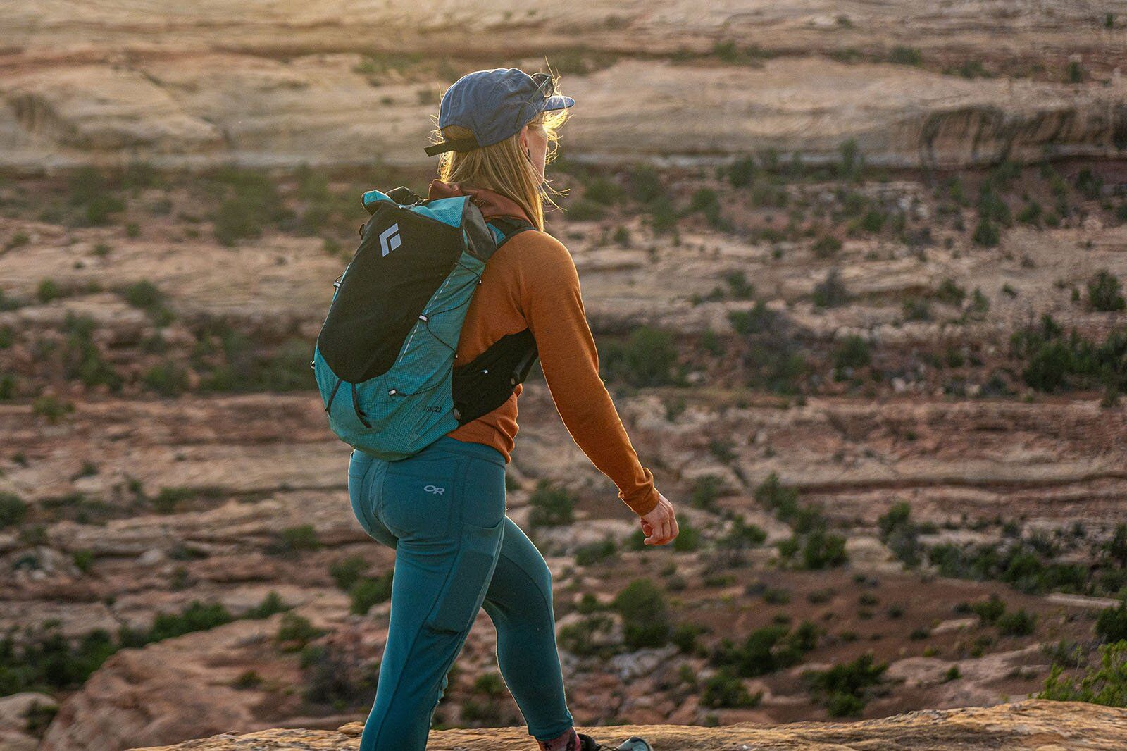 Hiking into sunset with Black Diamond Distance 22 daypack