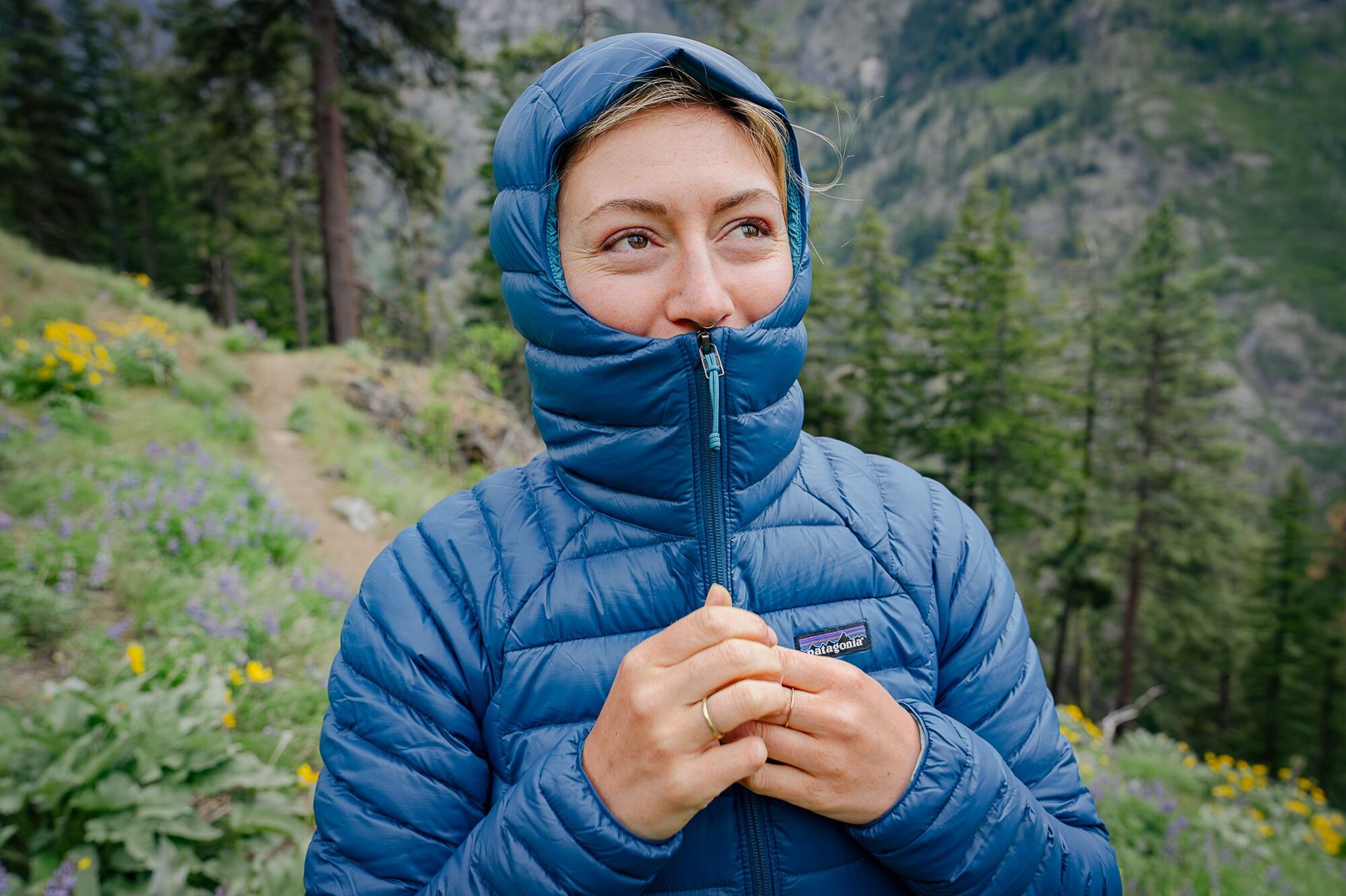 hood up and fully zipped up Patagonia Down Sweater Down Jacket