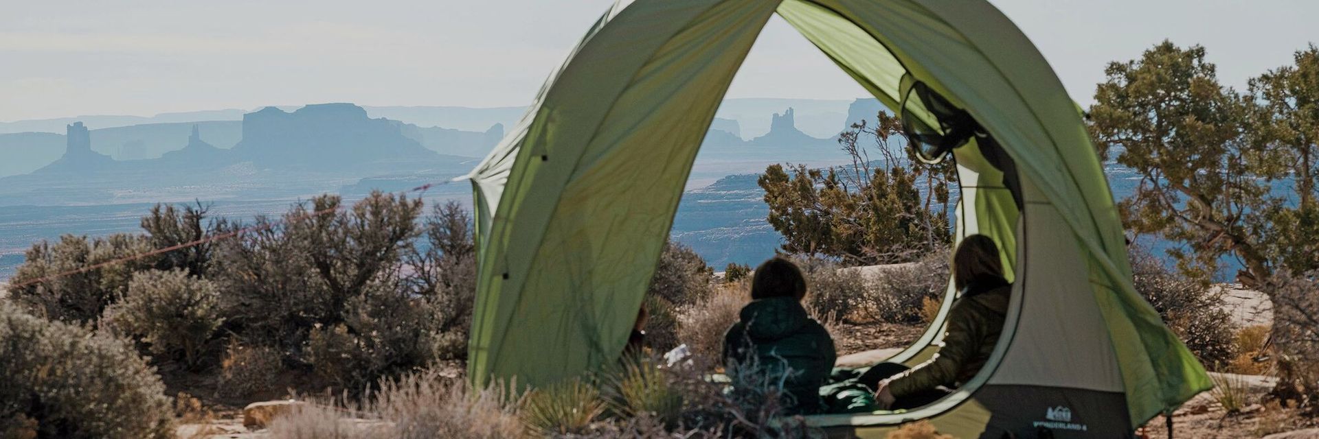 Looking from camping tent out at desert landscape