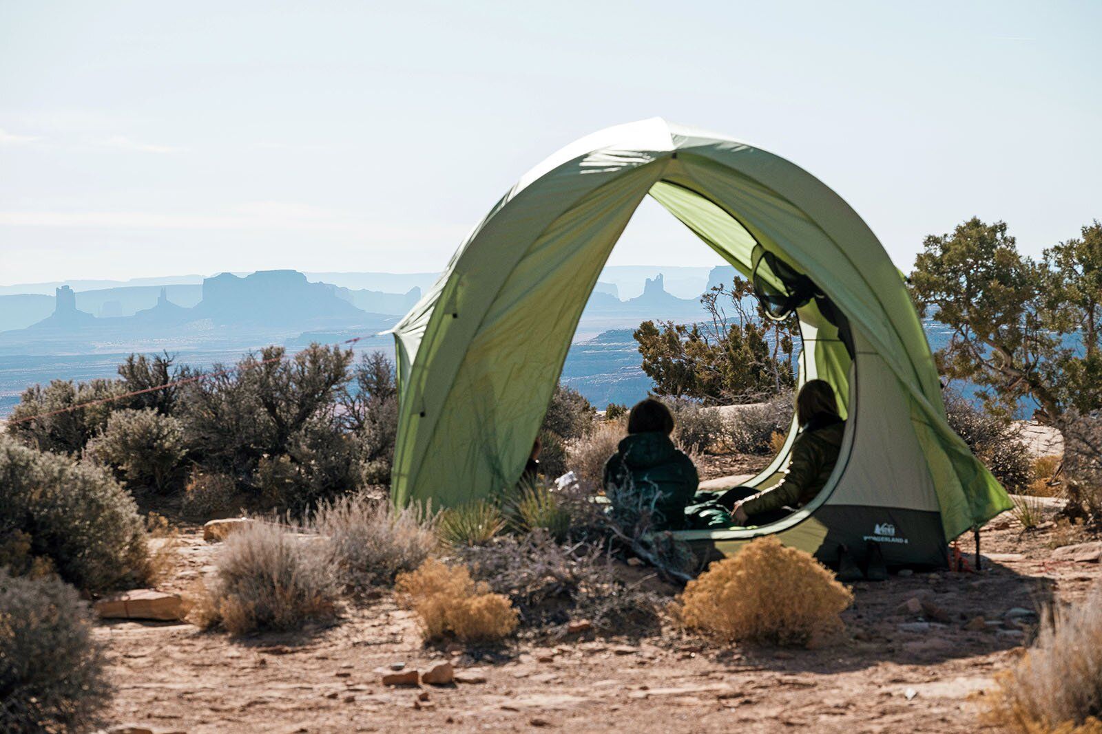 Looking from camping tent out at desert landscape