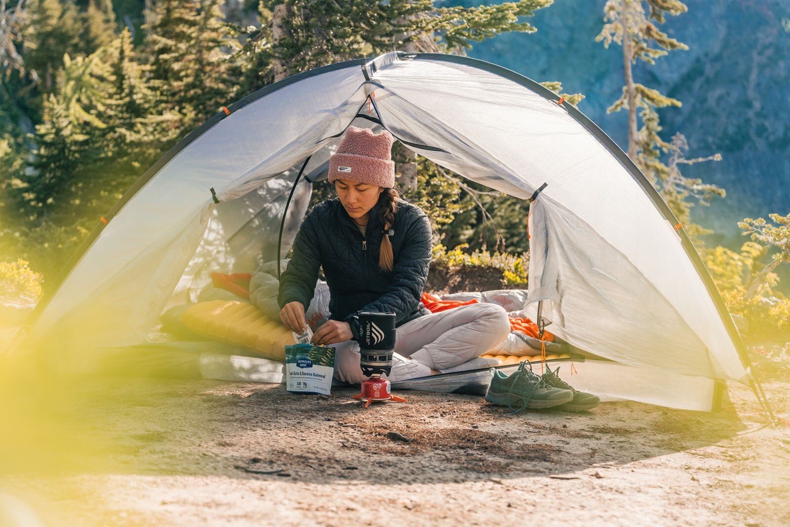 Making breakfast in the Hyperlite Mountain Gear CrossPeak 2 backpacking tent
