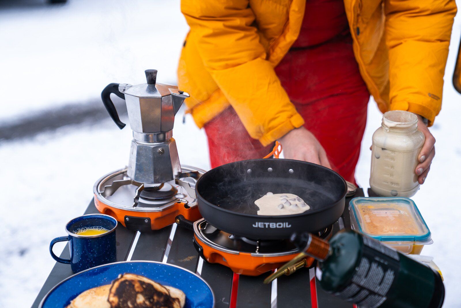 Making pancakes and coffee with the Jetboil Genesis Basecamp System camping stove