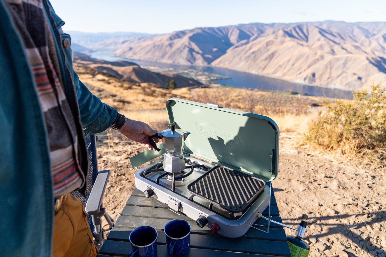 Morning coffee brewing on the Coleman Cascade 3-in-1 camping stove
