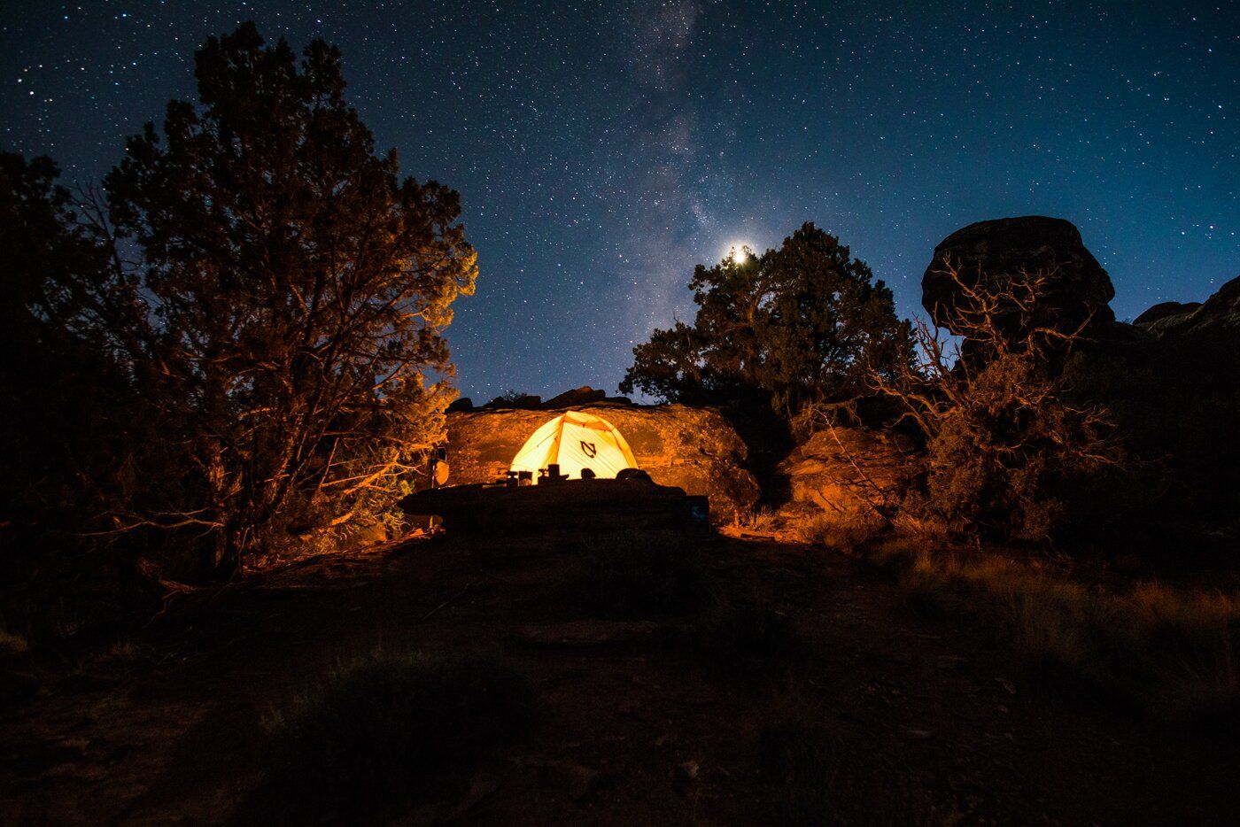 Nemo tent pitched in desert landscape at night