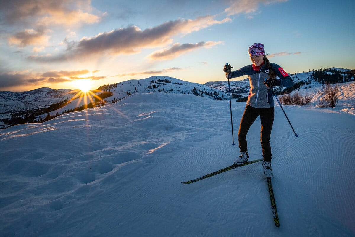 Nordic skiing in the Methow at sunset wearing a synthetic insulated jacket mobile