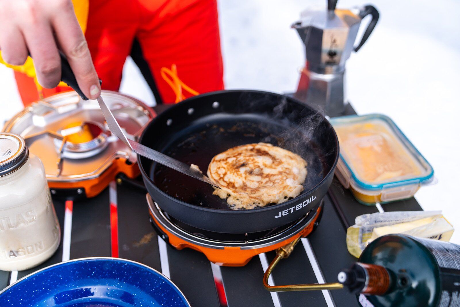 Pancake cooking on the Jetboil Genesis Basecamp System camping stove