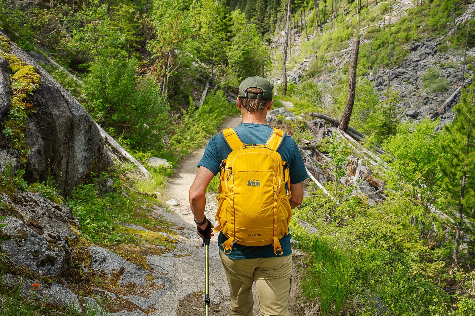 Rear view of hiker wearing the REI Co-op Trail 25 hiking daypack
