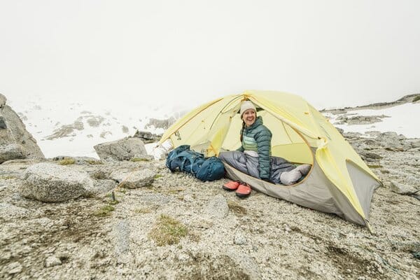 Sitting inside Nemo Mayfly Osmo 2P backpacking tent
