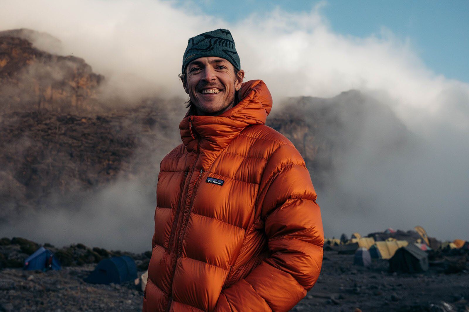 Smiling in the Patagonia Fitz Roy Down Hoody