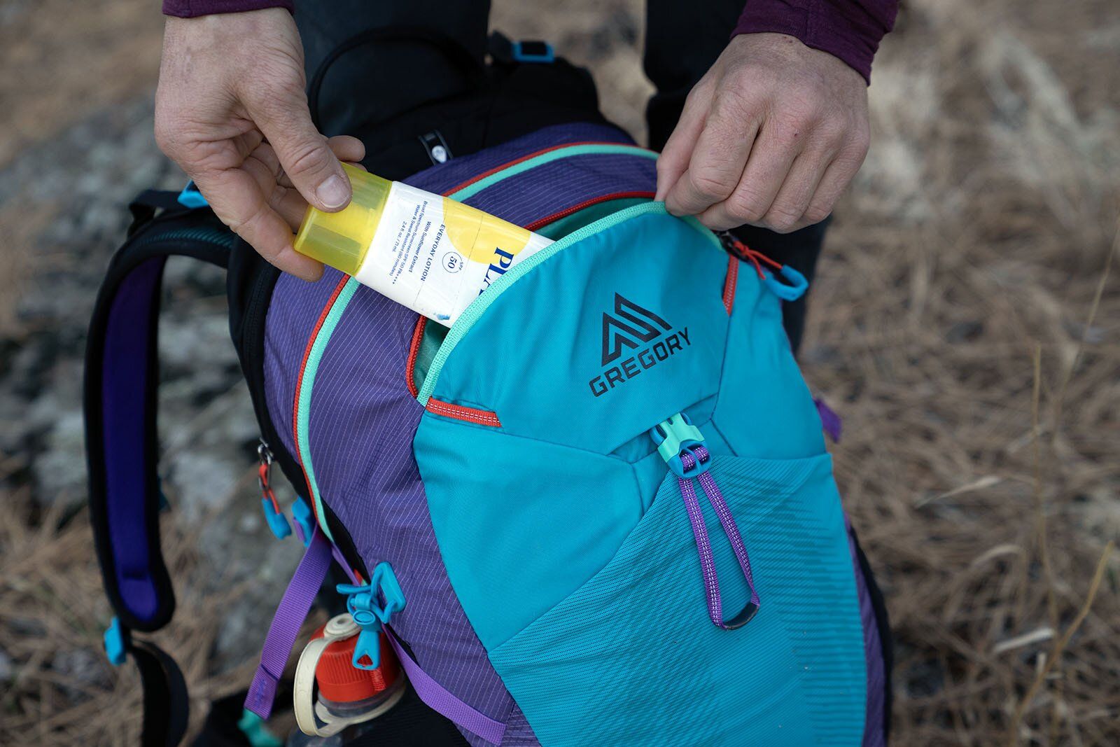 Sunscreen in accessory pocket of Gregory Maya 20 hiking daypack