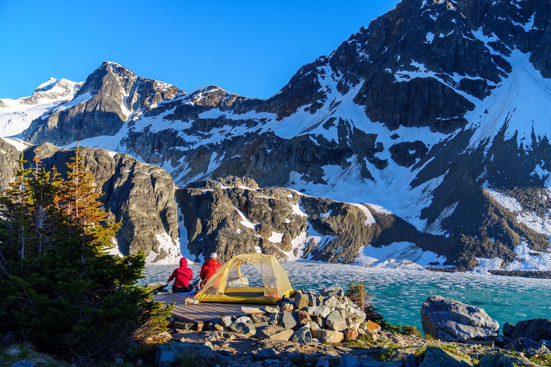 Tiger Wall backpacking tent setup above alpine lake