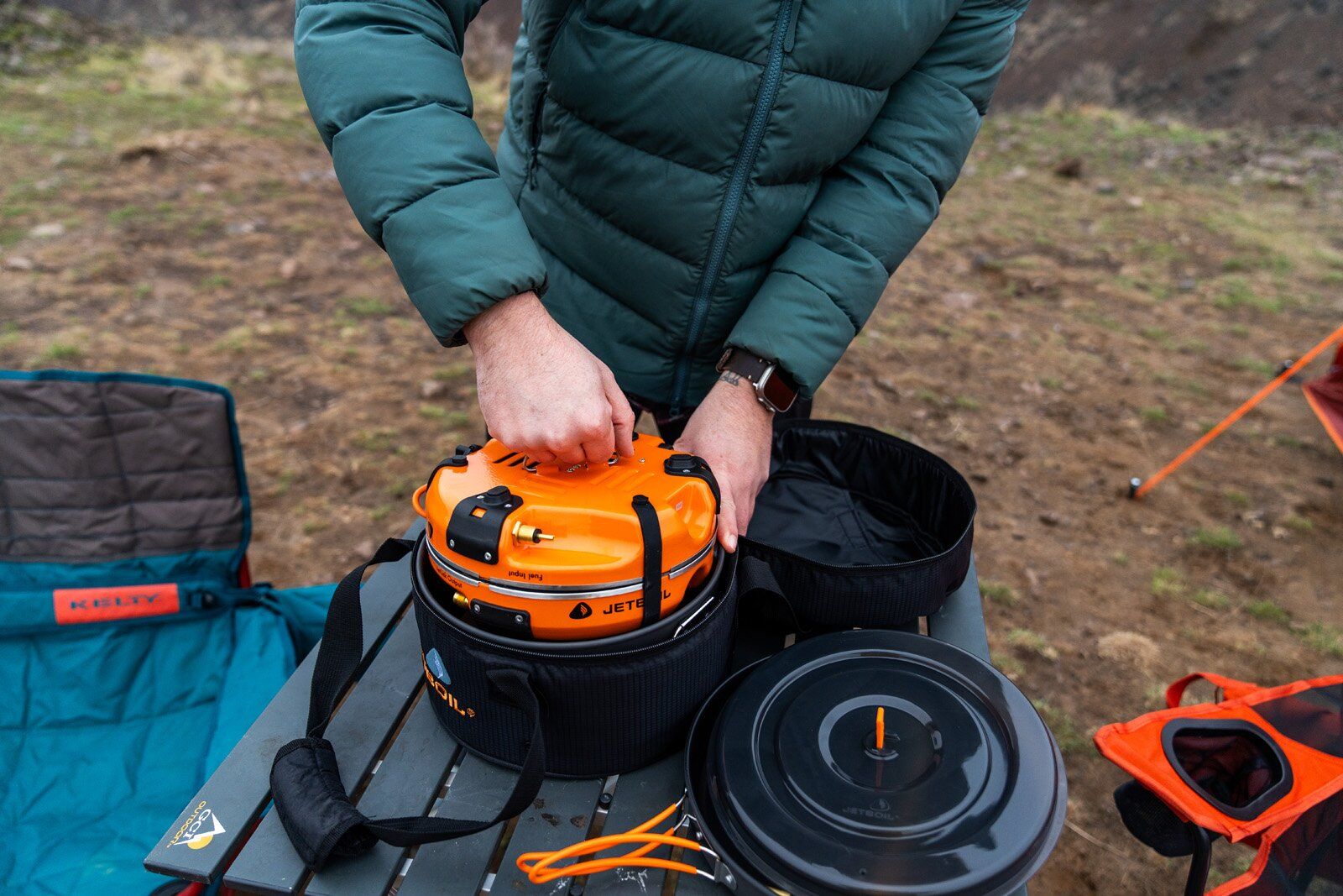 Unpacking Jetboil Genesis Basecamp System camping stove from bag