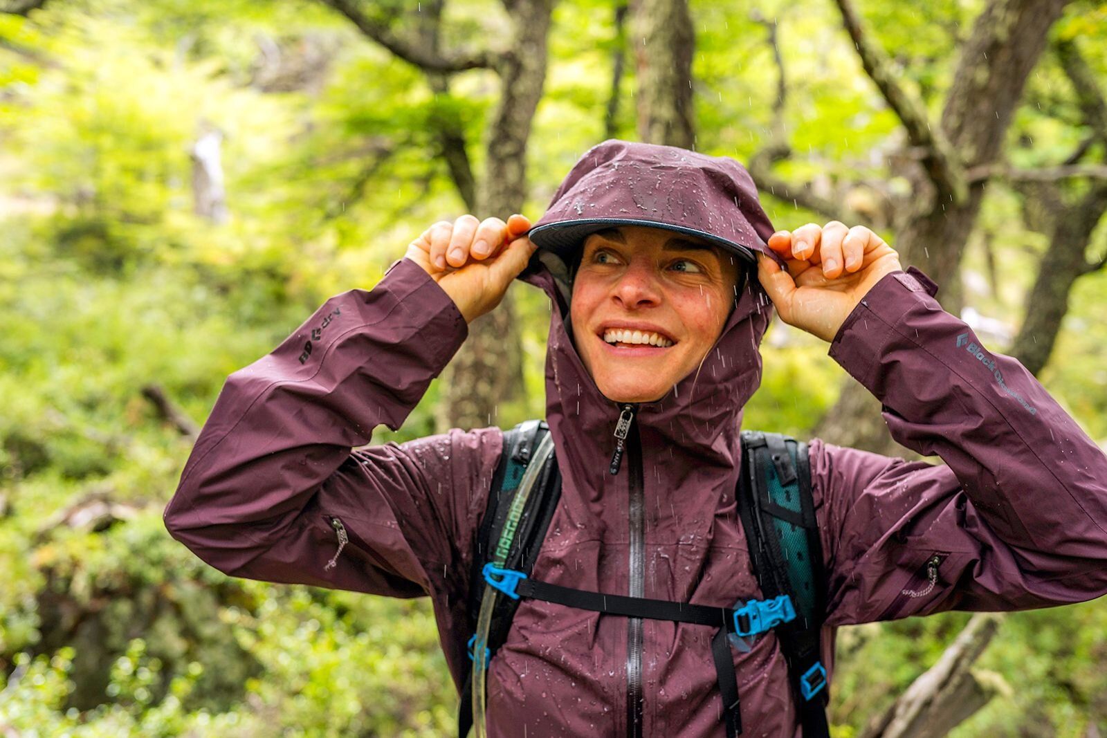 Wearing rain jacket in rain shower