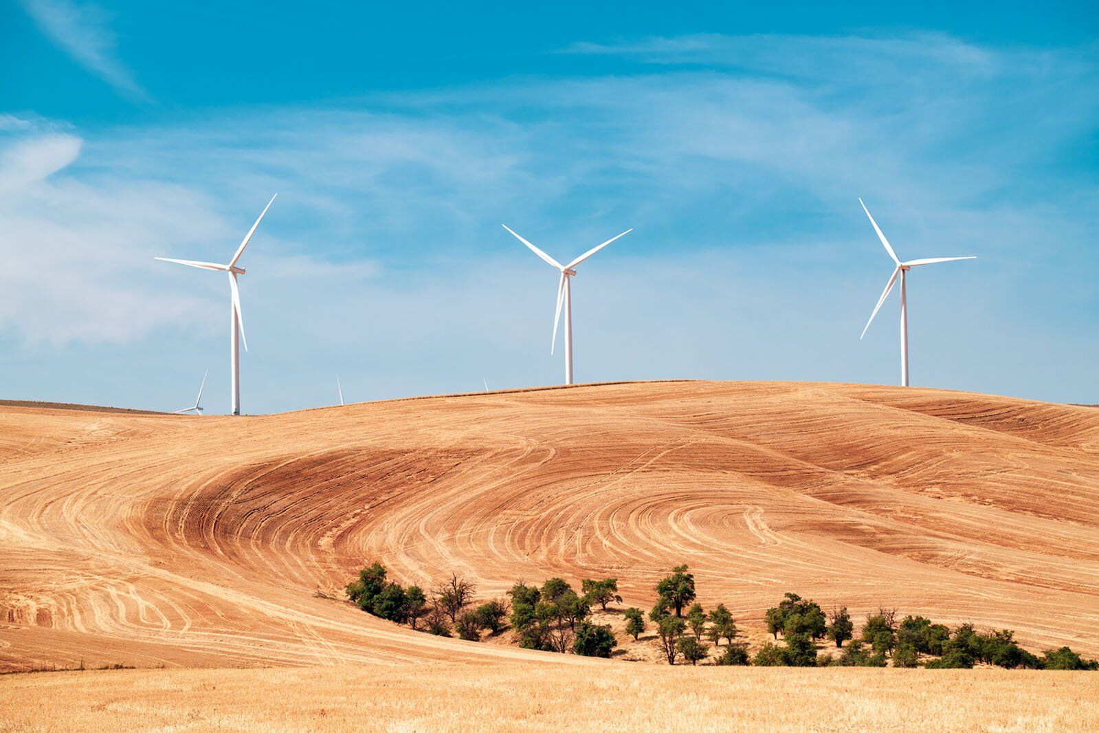 Wind turbines on skyline with tilled fields below